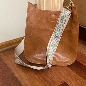 Chic Brown Leather Crossbody Bag with Embroidered Strap